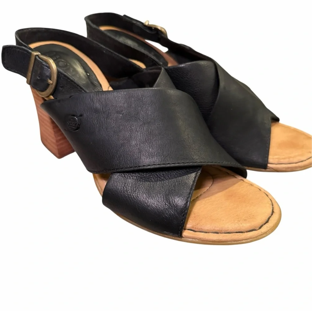 Born‎ Black Leather Cross Strap Slingback Block Heel Sandals Women’s 8